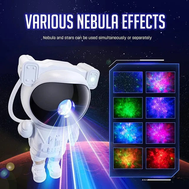 Astronaut toy with nebula projector displaying various nebula effects on a space-themed background.